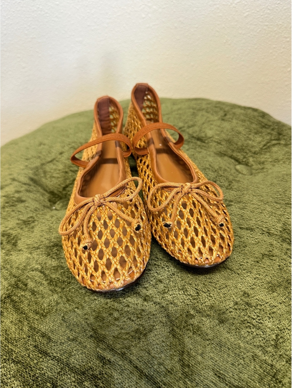 Women's Tan Woven Mary Jane Ballet Flats with Bow Detail, Size 8.5